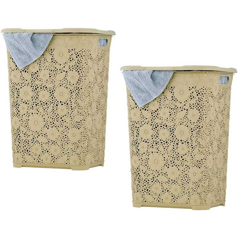 Decorative Lace Laundry Hamper, 22" H x 16.5" W x 13.5" D, Beige