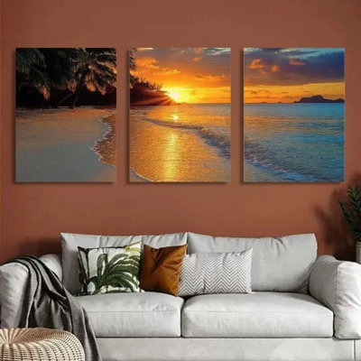 Rehaussez le décor de votre maison avec le triptyque d'art sur toile LPS Palm Tree Beach | Ensemble de 3 pièces