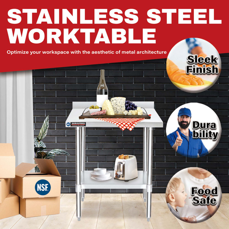 DuraSteel 30'' Stainless Steel Adjustable Work Table with Backsplash