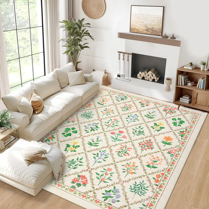 Rugs for Living RoomMachine Washable Area Rugs Non-SlipVintage Floral Rug Bedroom Rug for Dorm Playroom Foyer Entryway, Beige