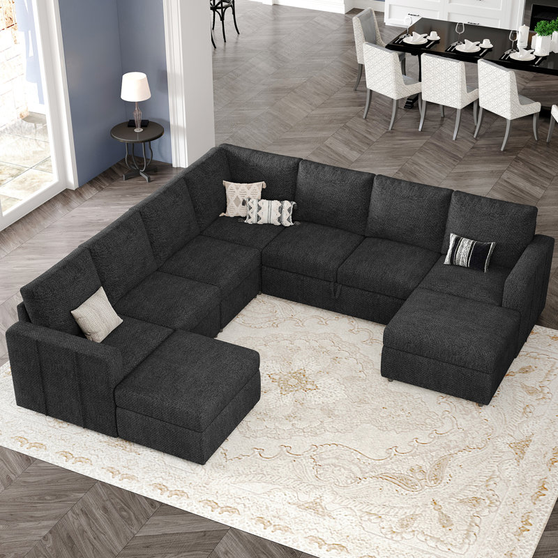 Canapé modulaire en L Aubade de L 107 po avec 2 repose-pieds avec rangement, Chenille grise foncée