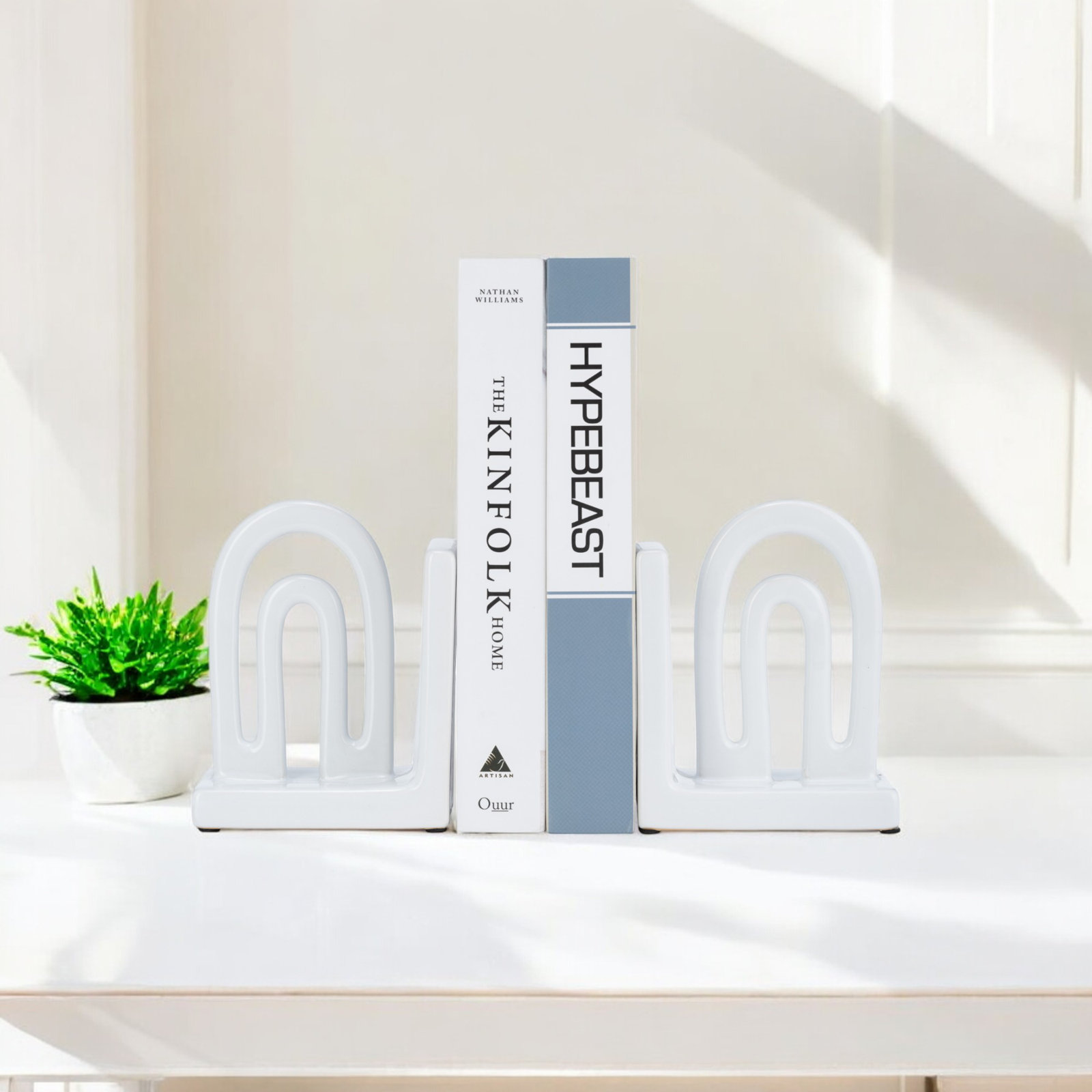 Arched Ceramic Bookends, White