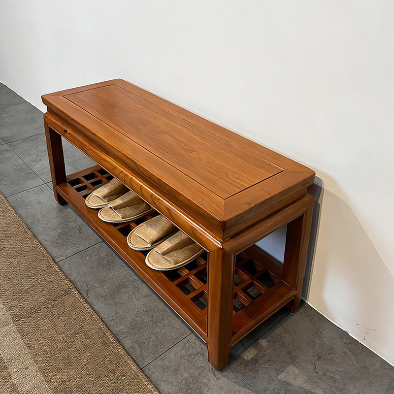 Nouveau banc de rangement en bois d'orme de style chinois pour le salon et l'entrée, Brun