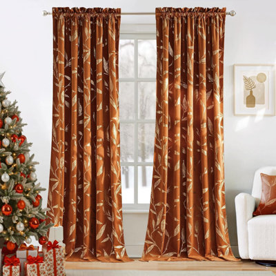  Vintage Velvet Curtains Leaf Patterned Gold Foil Printed Blackout Drapes for Living Room, Thermal Insulated Soft Luxury Home Decor for Bedroom, 2 Panels