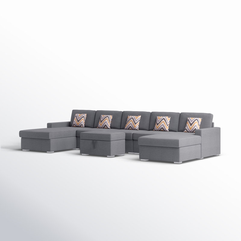Upholstered U-Shaped Sectional Symmetrical, Gray Linen