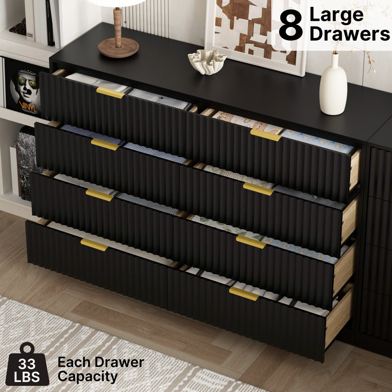 Fluted Dresser For Bedroom With 8 Drawers, 55" Wide Black Modern Chest Of Drawers With Metal Handle, Black