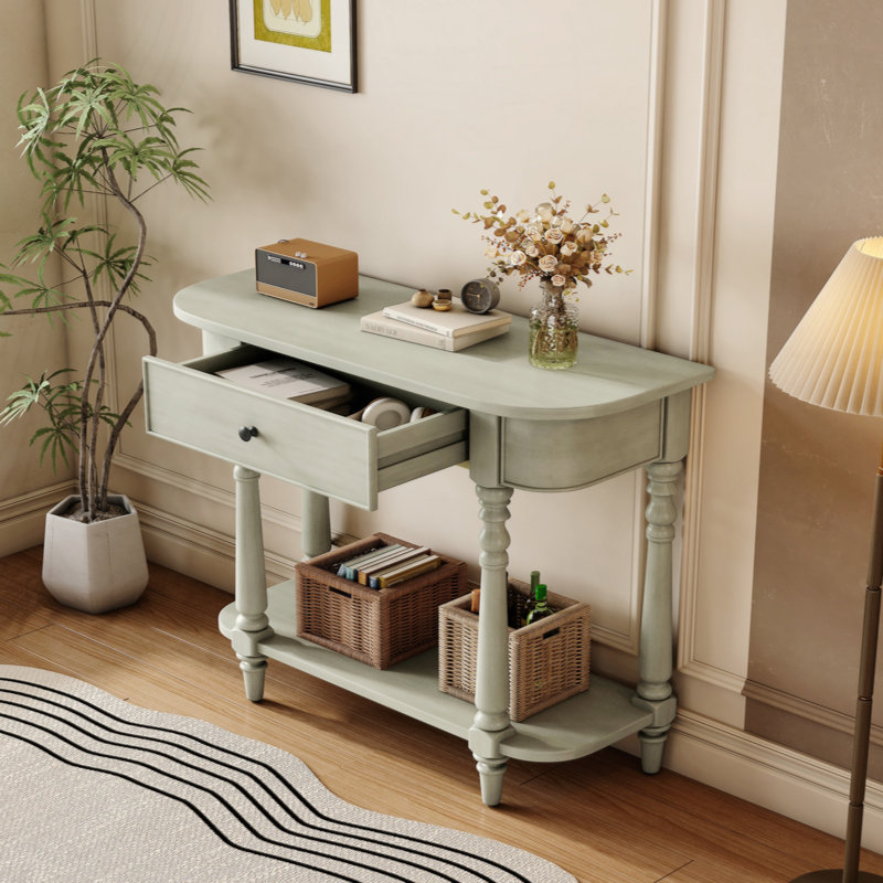 Narrow Console Table with Curved Corner, Retro Entryway Table with Top Drawer and Open Shelf, Sofa Table for Entryway, Hallway and Living Room