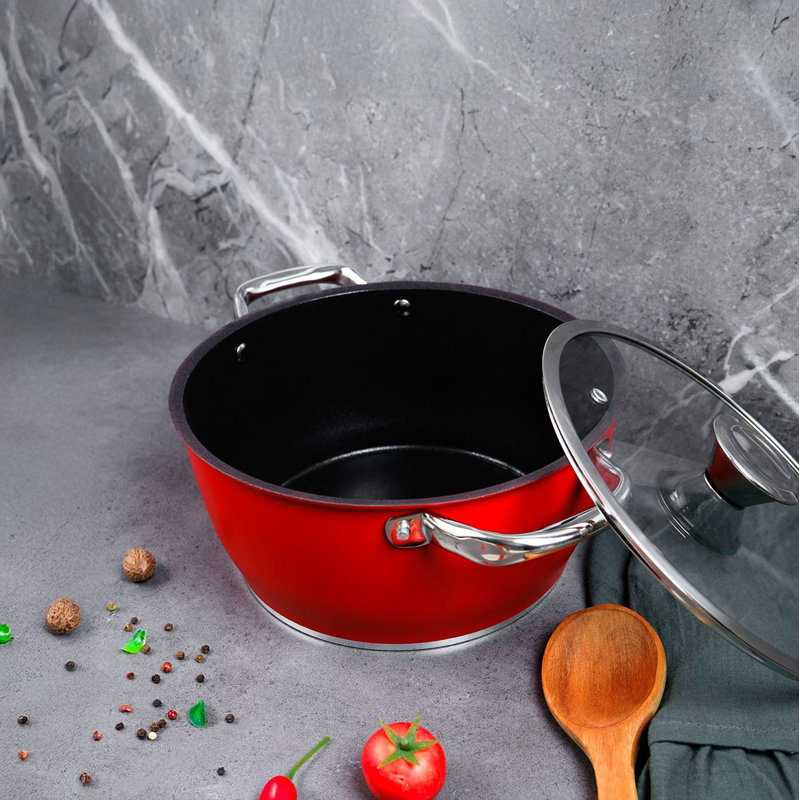Pot en aluminium durable avec base Indiction, 7,9 po x 3,9 po | 100% aluminium, épaisseur: 0,2 po | Conception élégante rouge et noire, pour cuisiner et servir, légère et durable
