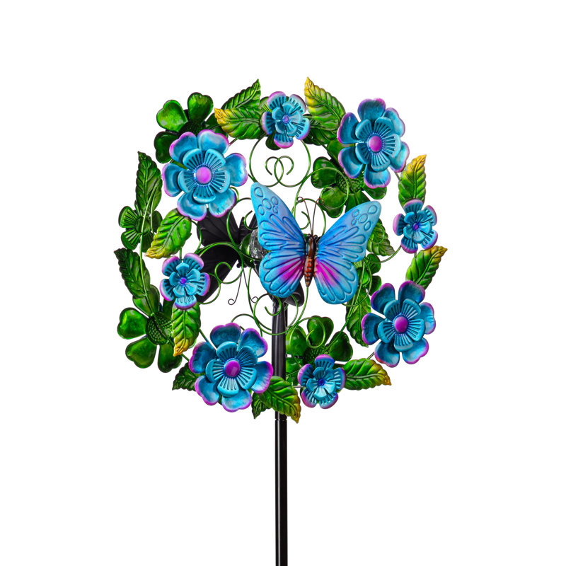 Rouleau de vent en métal bleu solaire et papillon, 74 po