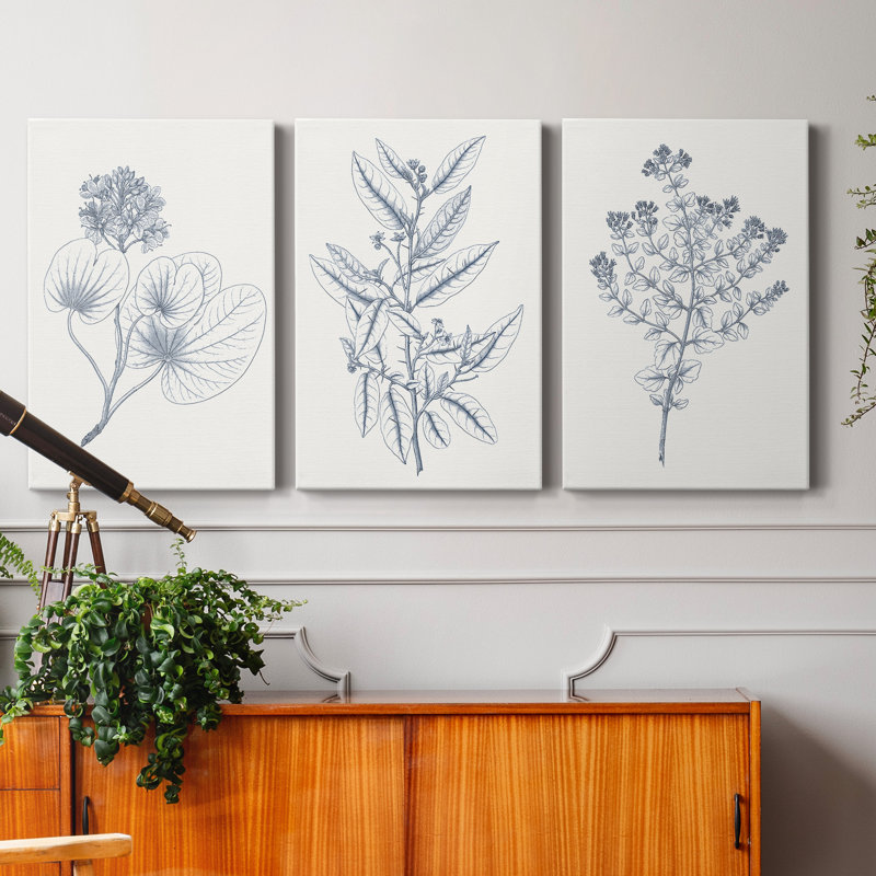 Indigo Botany Study IV - Ensemble de 3 toiles tendues, H 36 po x l 24 po x P 1 po