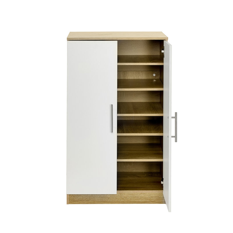 White Wooden Shoe Storage Cabinet, 6 Shelves, White/Oak