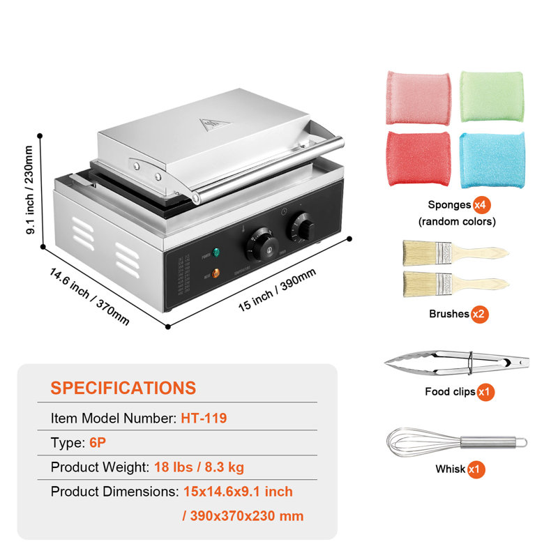 6PCS Commercial Waffle Stick Maker Waffle Baker Hot Dog Waffle Iron 1500W
