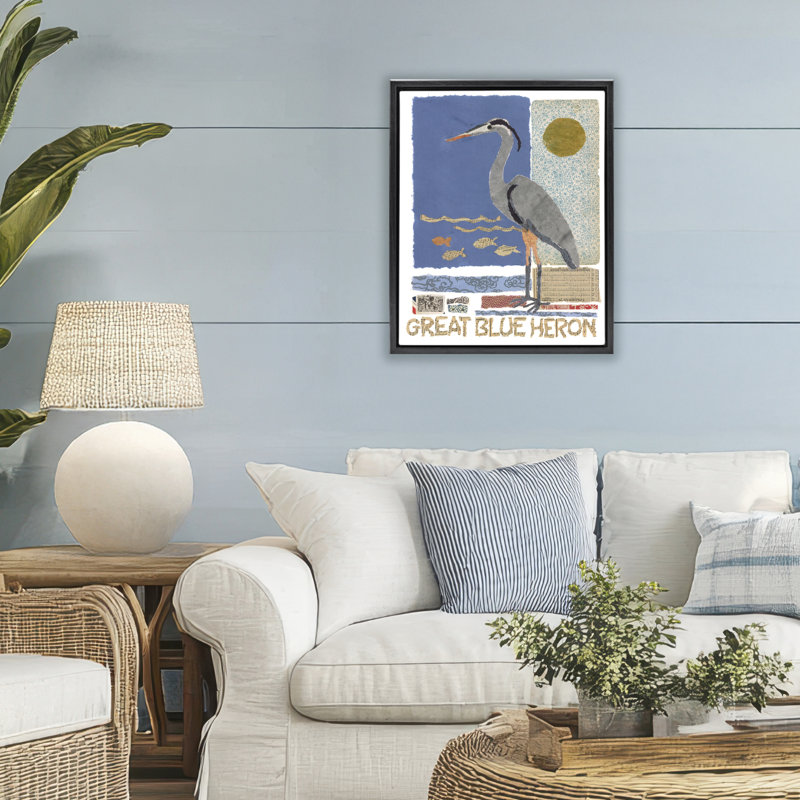Cadre flottant Great Blue Heron Collage, design par Nancy Overton, Cadre flottant noir de jais, H 21 po x l 17 po