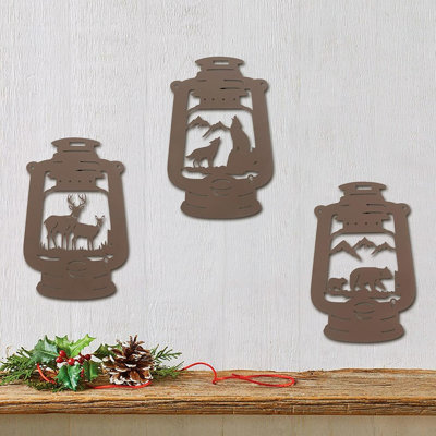 Rustic Metal Wall Art Set – Black – Set Of 3 Bear, Wolf, And Deer Lantern Designs, 9.3 Inch Indoor/Outdoor Décor