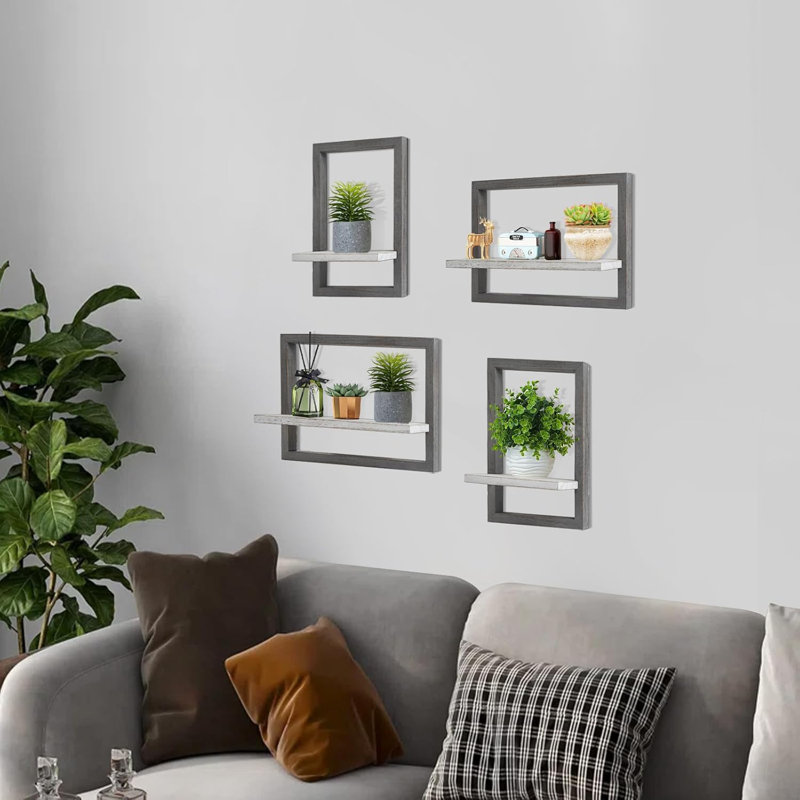 Floating Wall Shelves Set Of 4, Rustic Wooden Hanging Shelves With Hidden Brackets For Bathroom, Living Room, Kitchen Storage And Wall Decor