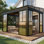 Véranda, solarium extérieur en polycarbonate avec porte coulissante et panneaux de fenêtre réglables, véranda de patio fermée avec moustiquaire