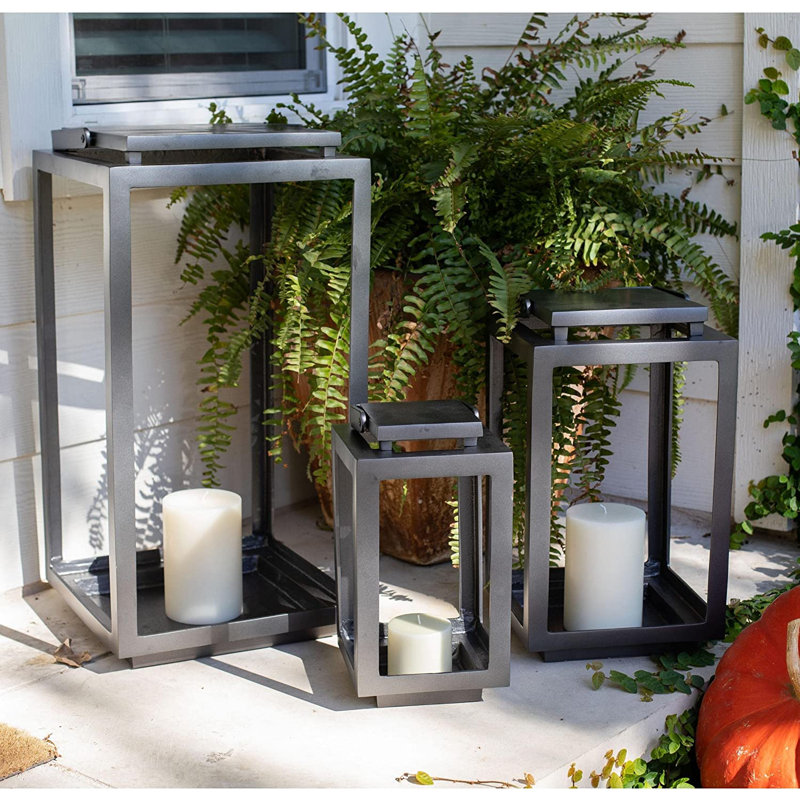 Gunmetal Black Metal Tabletop and Hanging Candle Lantern Set