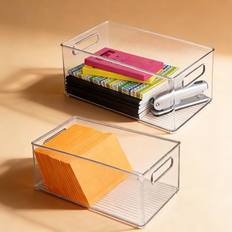 Rangement et bacs de rangement en plastique transparent, paquet de 2 multi-usages pour bureau et armoire pour fournitures de bureau, dossiers et papeterie