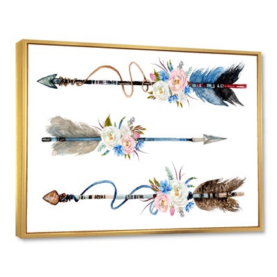 Plumes et fleurs sur des flèches indigènes - Peinture sur toile