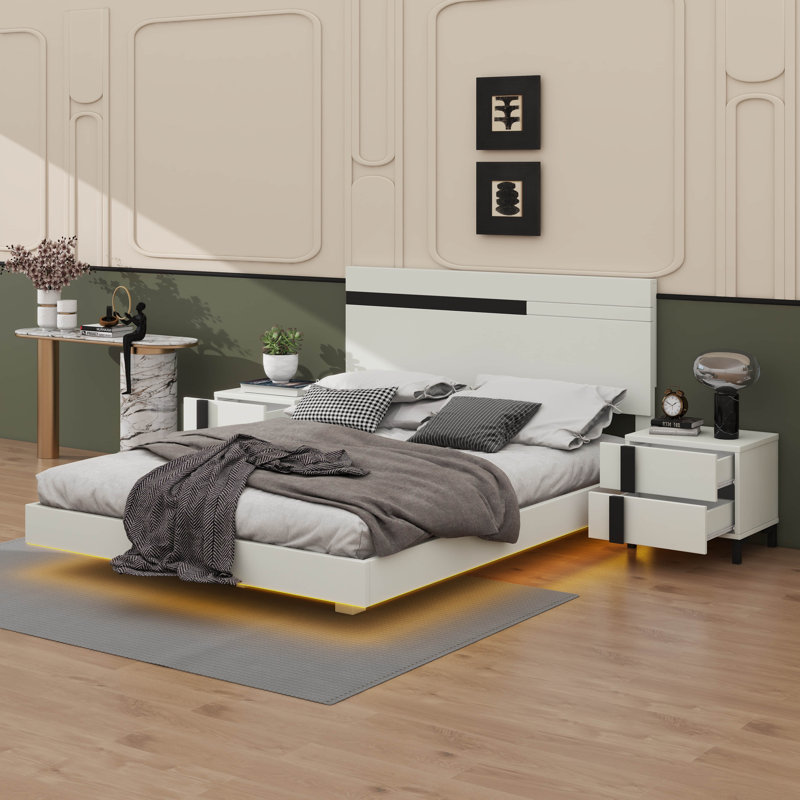 Sophisticated Queen 3-Piece Floating Platform Bed Set With Integrated LED Lights And Two Stylish Nightstands