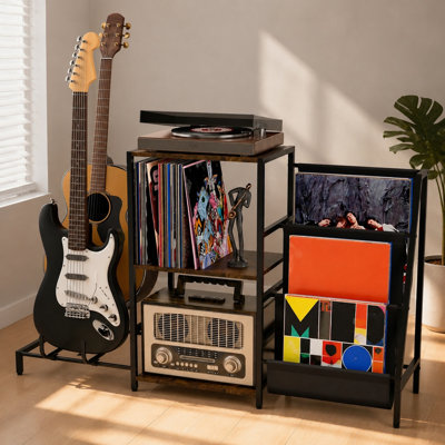Support pour tourne-disque avec support pour guitare, rangement pour disque vinyle à 3 niveaux, support pour 2 guitare, tablette de musique tout-en-un