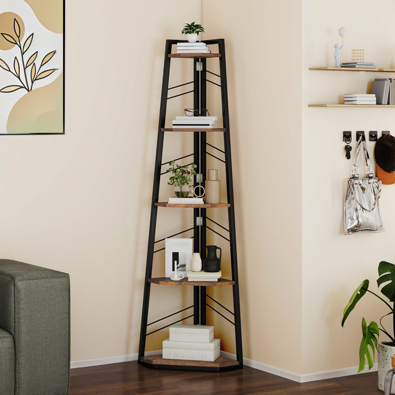 160 H × 35 W Corner Shelf Unit，Modern Ladder Shelving Unit, Rustic Brown/Black