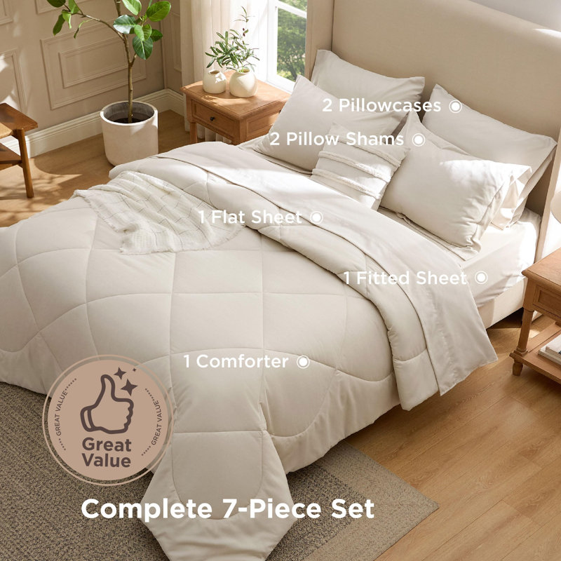 New Arrivals Bedsure Quilted Comforter Sets, Luxury Soft Bed in a Bag, Cream, Queen Comforter + 6 Additional Pieces