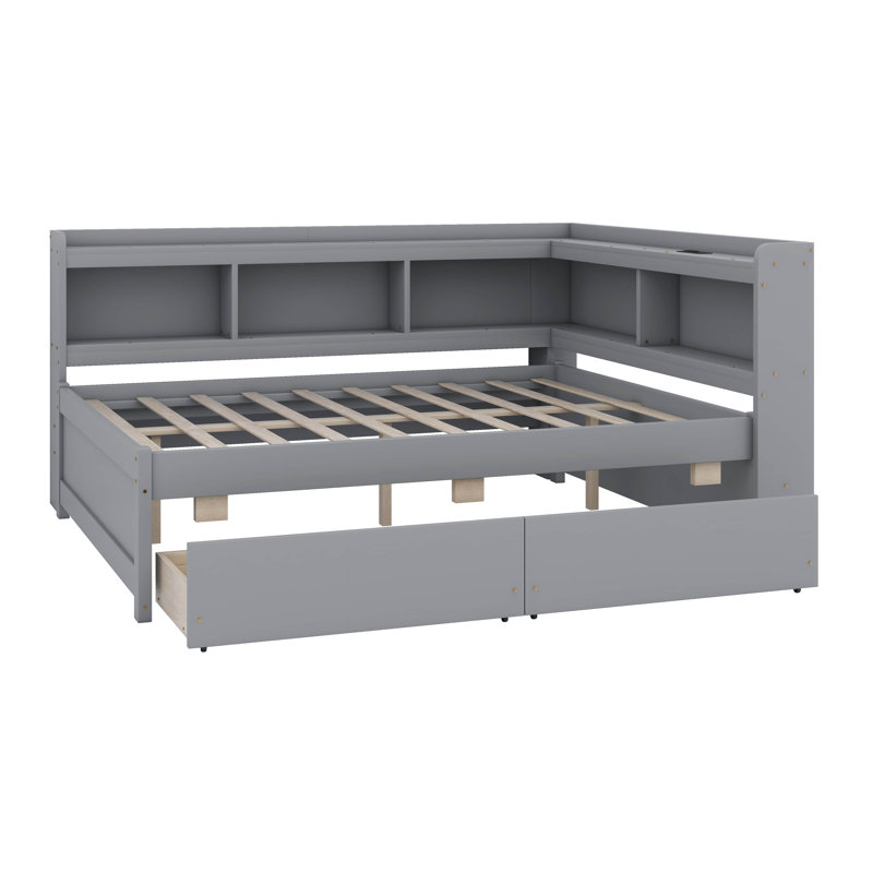 Lit double en forme de L avec bibliothèques USB, 2 tiroirs, gris