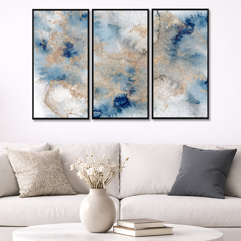 «Blue and Gold Marble Clouds I», reproduction de cadre flottant sur toile 3 pièces, H 32 po x l 48 po, Noir