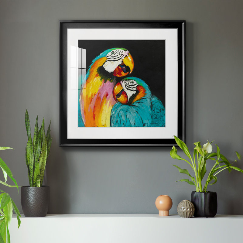 Perroquet ludique - peinture encadrée, Toile avec cadre noir, H 17,5 po x l 17,5 po x P 1,5 po