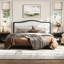Grand lit plateforme avec tête de lit tapissier, structure noire et tissu blanc-130430041-130430040