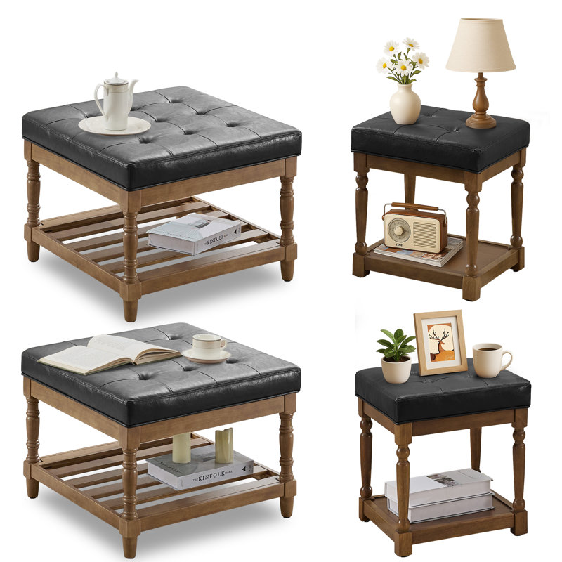  Gladis 4-Piece Faux Leather Coffee Table and End Table Set with Storage, Black Top/Dark Brown Base