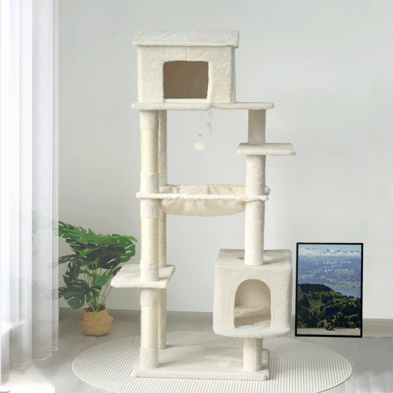Arbre à chat 63 po multi-niveaux avec poteau à griffer et hamac perchoir en sisal pour chat avec grande cage de chat, Beige