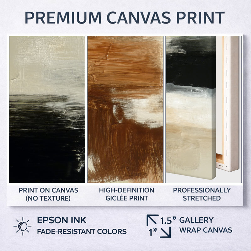«Black and Brown Brushstroke», peinture abstraite noire sur toile 2 pièces, H 32 po x l 32 po, Cadre flottant brun