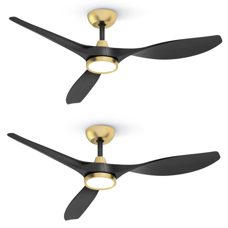 (set Of 2) 52" Blade Led Propeller Ceiling Fan With Remote Control, Black/Gold