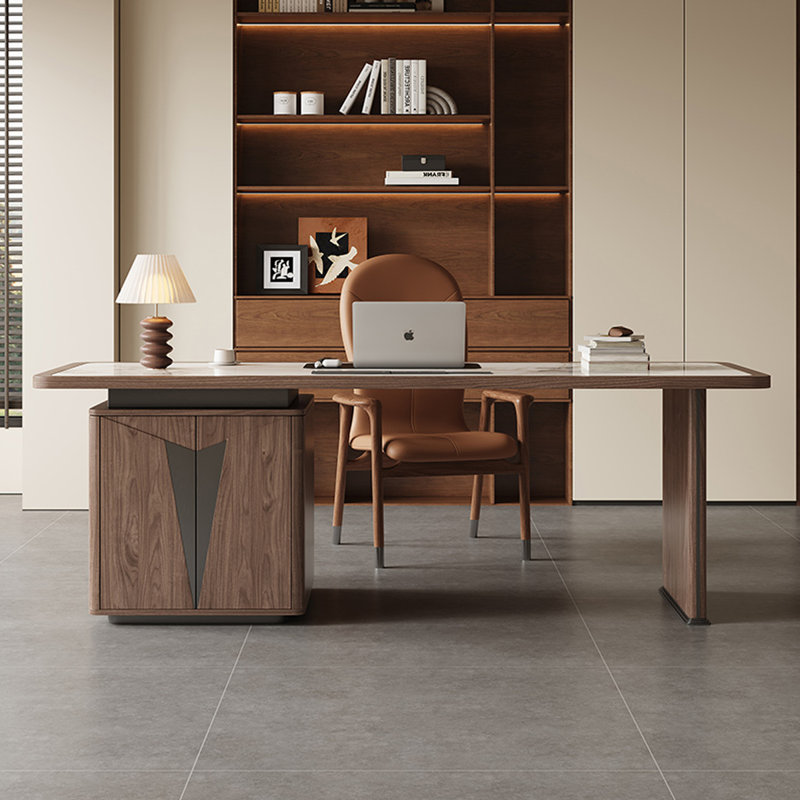 Bureau rectangulaire blanc et noyer clair, H 29,53 po x l 94,49 po x P 31,5 po, Retour à droite