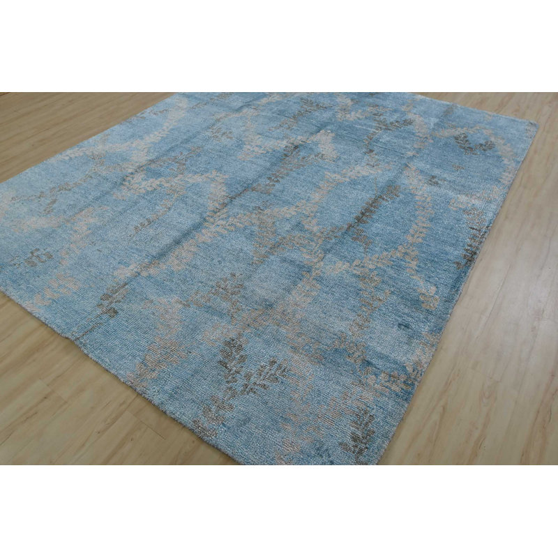Tapis unique en viscose noué à la main bleu de 8 pi 4 po x 9 pi 10 po Gamari