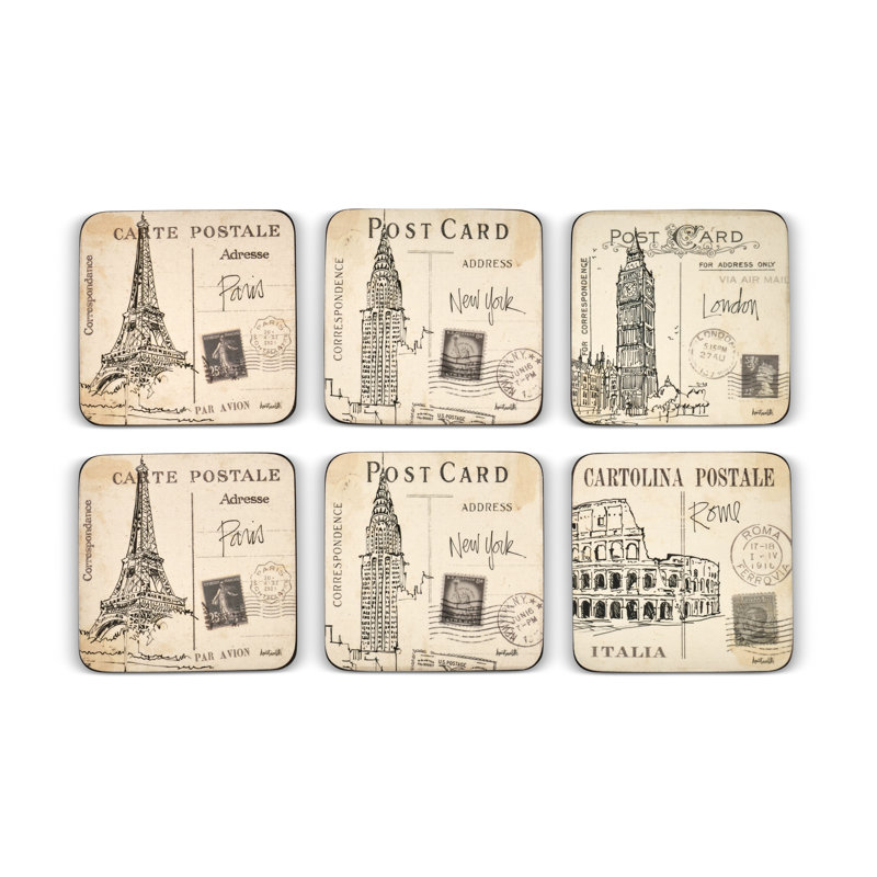 Pimpernel Postcard Sketches Coasters S/6 4"X 4"