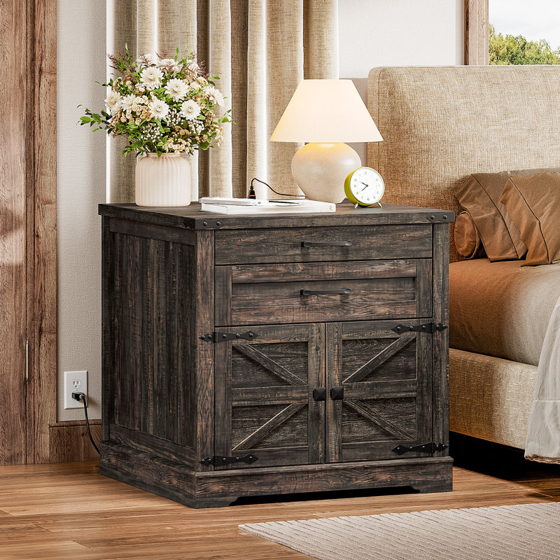 Brisson 23.6"W Farmhouse End Table with Charging Station, Sofa Side Table with 2 Drawers and Barn Door, Large Rustic Wooden Square Nightstand