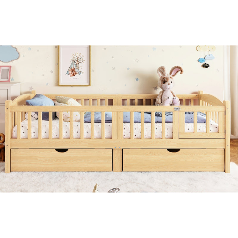 Lit plateforme simple TG avec garde-corps et tiroirs de rangement, tête de lit de couleur naturelle charmante, sans sommier tapissier, approche de configuration simplifiée avec plan de tiroirs pleine longueur,