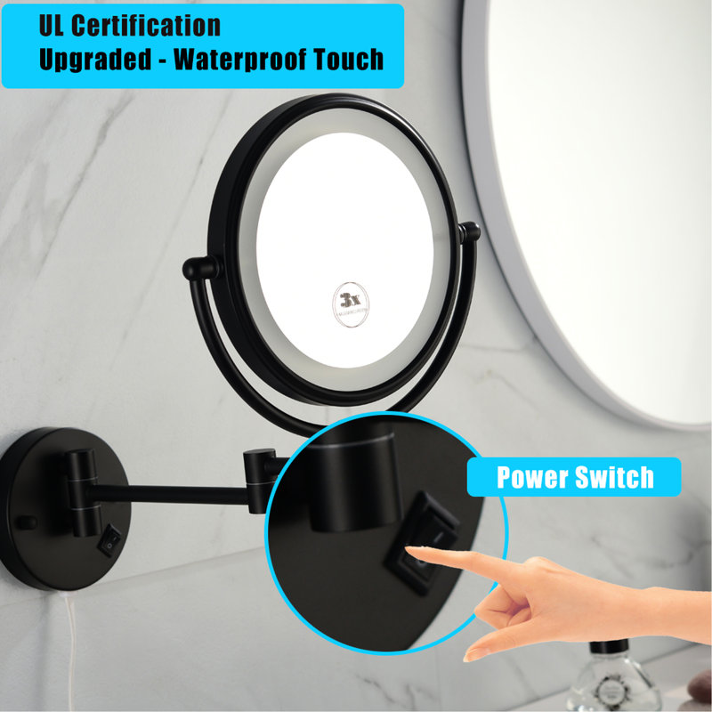 8 Inch Led Wall Mounted Two Magnifying Makeup Vanity Mirror - 12 Extendable, Matte Black, 1X/3X Magnification, 360 Degree Rotation, Waterproof Button, Bathroom With Mount Extension,