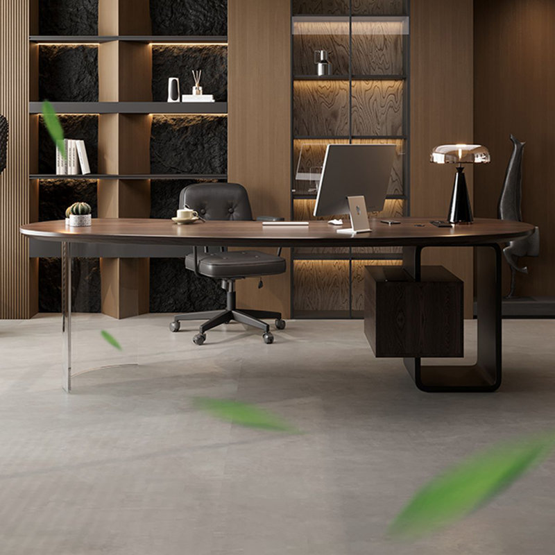 Bureau à 2 tiroirs brun noisette + bois massif courbé noir + acrylique + fer, H 29,53 po x l 62,99 po x P 30,31 po