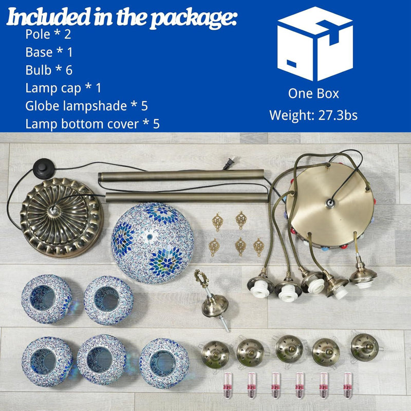 Lampe turque sur pied 56 "avec 5 globes bleus fabriqués à la main, abat-jour supérieur amélioré, base, 6 ampoules DEL E26 incluses