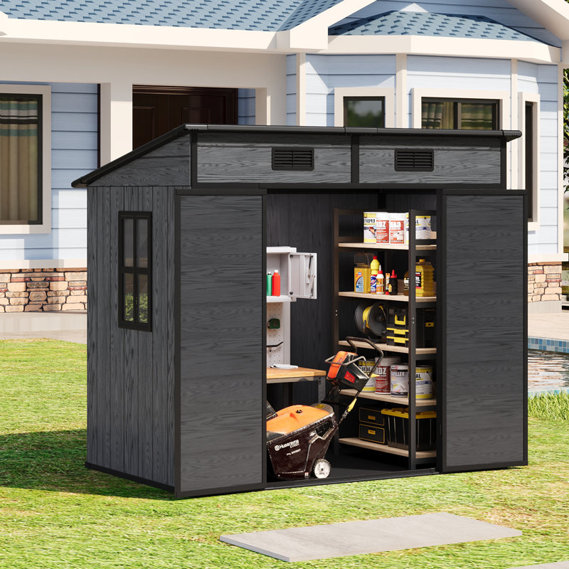Dark grey wood grain plastic tool shed