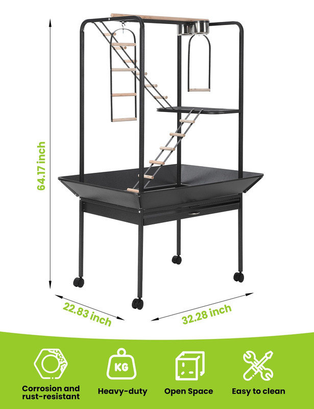Mobile Bird Activity Center with Ladders, Toy Hooks & Rolling Casters, 64''