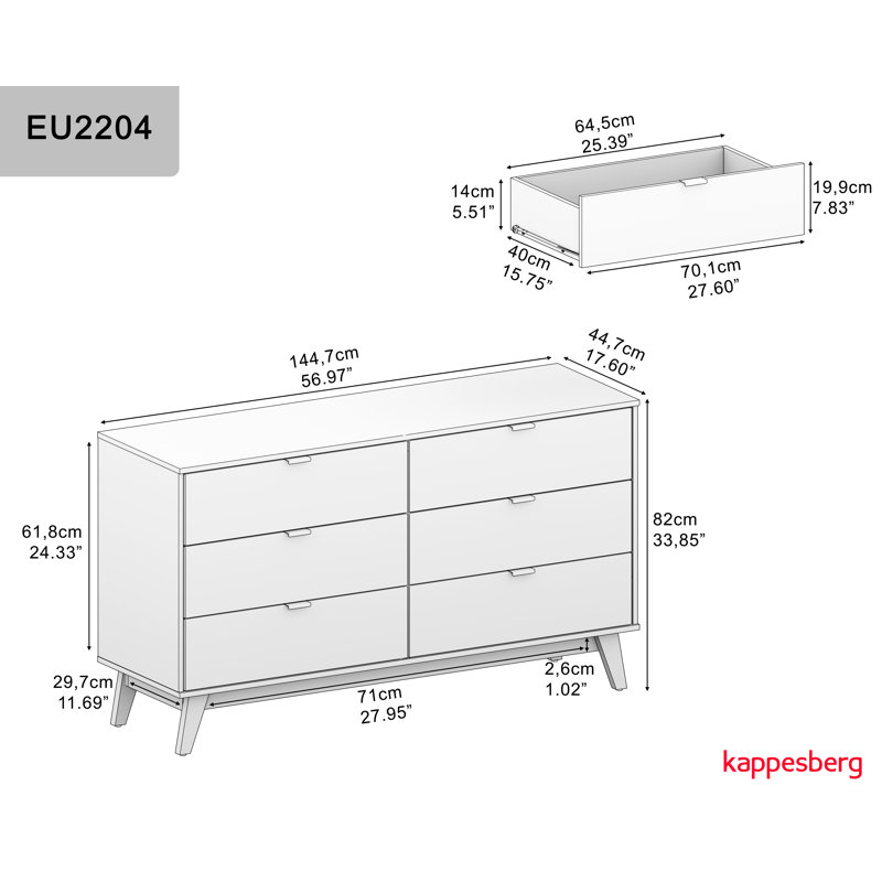 Kyrese 57.08'' W 6 - Drawer Dresser, Gray