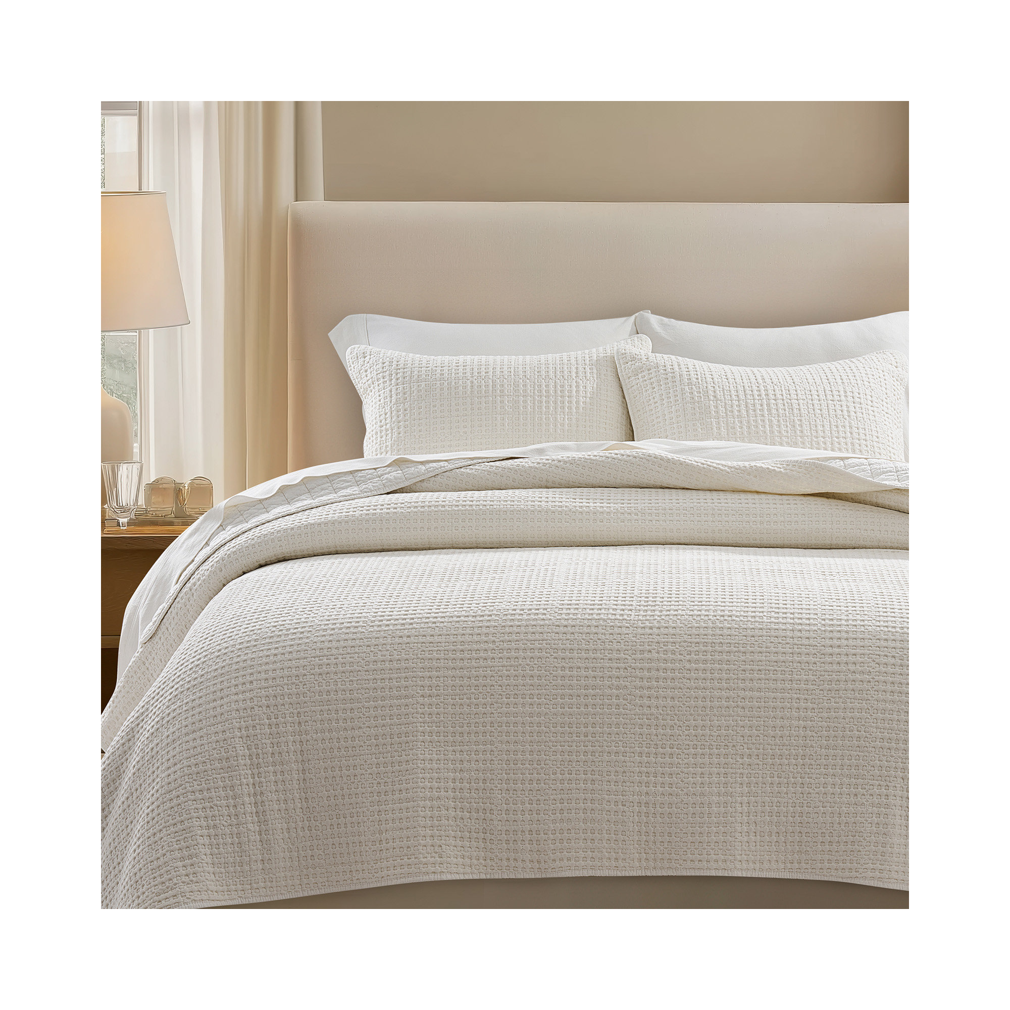 Stonewashed 100% Natural Cotton Waffle Quilt Set, Bright White, King Quilt + 2 King Shams
