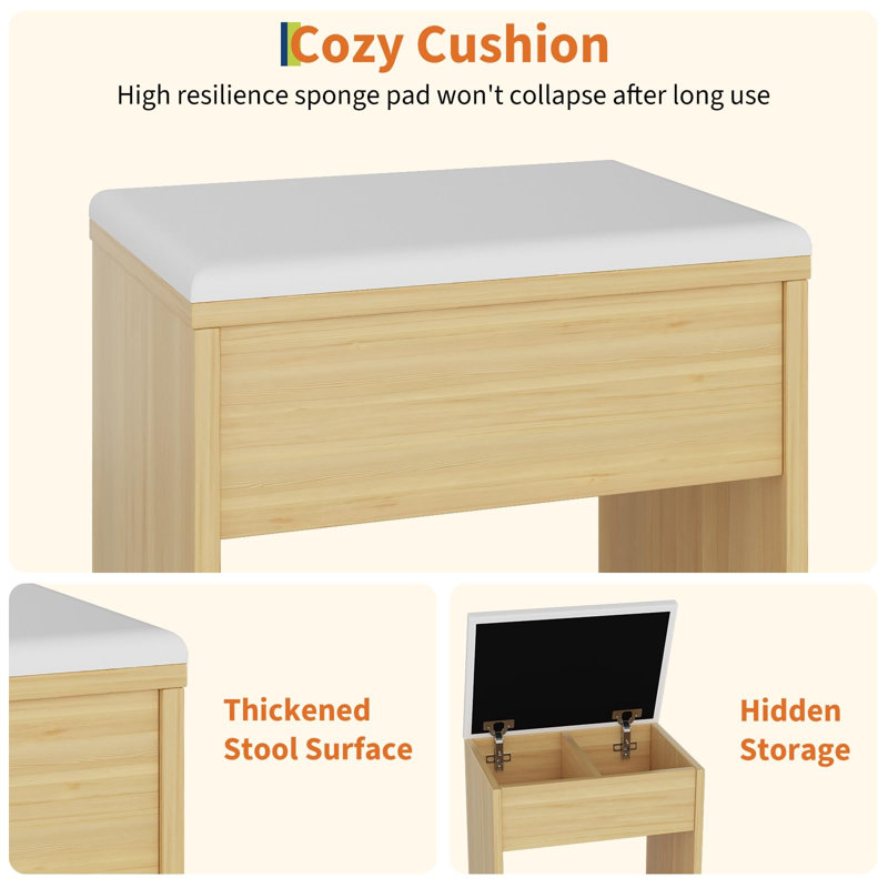 Vanity Desk with Mirror and Lights,Modern Makeup Dressing Table with Built In Outlets, Storage Stool,4 Drawers & Hair Dryer Holder,Vanities with 3 Colors LED Vanity Mirror,37*15.75*55.12 Inch