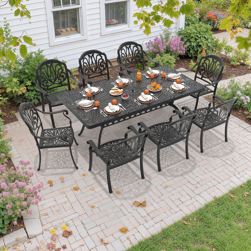Ensemble de salle à manger d'extérieur rectangulaire 8 personnes (210 cm L) avec trou pour parasol, 8 chaises empilables, coussins bruns