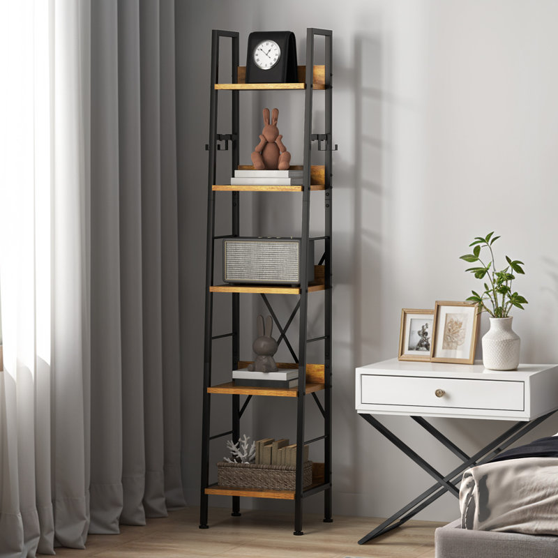 ladder shelving unit， 5 Tiers Floorstanding slim bookcase, Brown